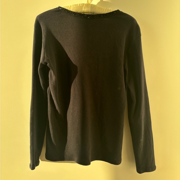 🍁VINTAGE White Stag Black Cotton Long Sleeve Top Lace Ribbon Bow Detail - Picture 3 of 8